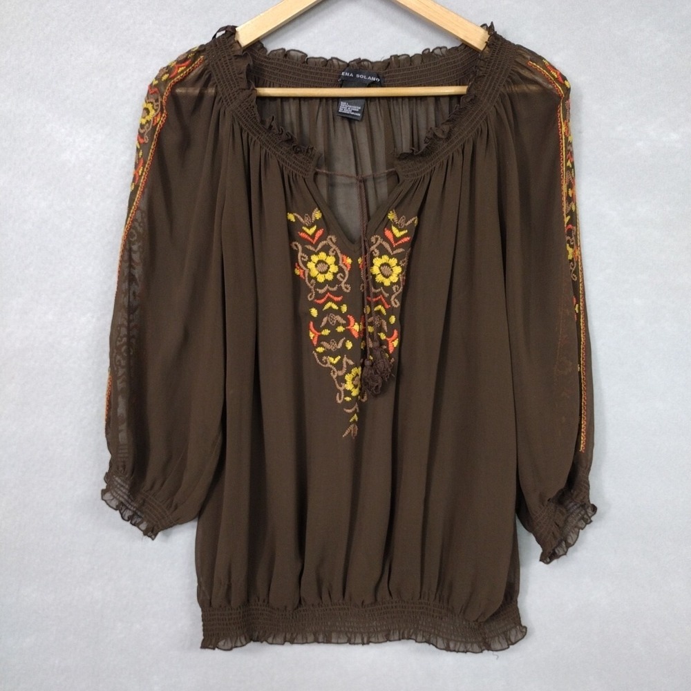 Elena Solano Peasant Top Women L Sheer Embroidered Boho Floral Brown 3/4 Sleeve